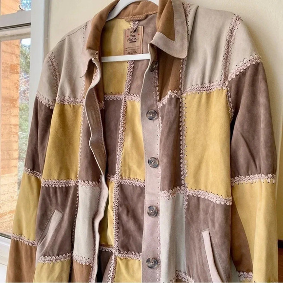 New Free People Suede Chore Patchwork Leather Jacket Edie Crochet Brown Tan - Picture 9 of 17
